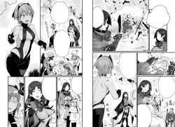 Rule 34 | 1boy, 6+girls, blank speech bubble, blush, breasts, closed eyes, comic, dark-skinned female, dark skin, fate/grand order, fate (series), fingerless gloves, fujimaru ritsuka (female), gloves, greyscale, hairband, hassan of serenity (fate), holding, holding sword, holding weapon, hug, jeanne d&#039;arc (fate), jeanne d&#039;arc alter santa lily (fate), large breasts, mash kyrielight, minamoto no raikou (fate), miyamoto musashi (fate), monochrome, multiple girls, revealing clothes, sample watermark, shaded face, smile, speech bubble, sword, torichamaru, translation request, tree, watermark, weapon, x x