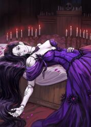 Rule 34 | black dress, black hair, candlestand, colored skin, doll joints, dress, highres, joints, long hair, lying, on back, purple eyes, robusta mania, very long hair, white skin