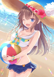 Rule 34 | 1girl, absurdres, ball, beach, beachball, blush, breasts, cleavage, commentary request, flower, hair flaps, hat, highres, hololive, kugatsu tooka, large breasts, long hair, ocean, one eye closed, purple eyes, sky, solo, sparkle, straw hat, swimsuit, tokino sora, tokino sora (hololive summer 2019), virtual youtuber