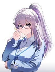 Rule 34 | 1girl, absurdres, adjusting eyewear, alternate costume, arm under breasts, blue-framed eyewear, blue cardigan, breasts, cardigan, closed mouth, collared shirt, final fantasy, final fantasy brave exvius, glaciela wezette, glasses, gradient background, grey hair, hand up, high ponytail, highres, hirono (hxze4434), id card, large breasts, long hair, long sleeves, looking at viewer, office lady, ponytail, red eyes, shirt, sidelocks, smile, solo, sparkle, upper body, war of the visions: final fantasy brave exvius, white shirt