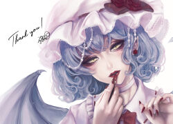 Rule 34 | 1girl, absurdres, alternate eye color, bat wings, blue hair, bow, bowtie, collared shirt, cosmetics, earrings, english text, fingernails, flower, frilled shirt collar, frills, hat, hat bow, hat flower, hat ribbon, head tilt, highres, holding, holding lipstick tube, jewelry, kyogoku-uru, lipstick, lipstick tube, looking at viewer, makeup, medium hair, mob cap, nail polish, pink hat, pink shirt, portrait, red bow, red bowtie, red flower, red lips, red nails, red ribbon, red rose, remilia scarlet, ribbon, ribbon-trimmed headwear, ribbon-trimmed shirt, ribbon trim, rose, sharp fingernails, shirt, simple background, solo, touhou, white background, wings, yellow eyes