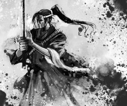 Rule 34 | 1boy, bccp, greyscale, haori, japanese clothes, katana, long hair, male focus, monochrome, original, ponytail, samurai, solo, sword, weapon