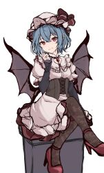 Rule 34 | 1girl, absurdres, bat wings, black thighhighs, blue hair, closed mouth, dress, full body, hat, hat ribbon, high heels, highres, looking at viewer, mob cap, orchid (orukido), pink dress, pink hat, red eyes, red footwear, red ribbon, remilia scarlet, ribbon, short hair, simple background, sitting, sketch, smile, solo, thighhighs, touhou, white background, wings