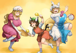 Rule 34 | 3girls, :3, animal ears, animal hat, blonde hair, blush, bouncing breasts, breasts, brown hair, cat ears, cat tail, chanta (ayatakaoisii), chen, closed eyes, covered erect nipples, curvy, dancing, dress, elbow gloves, extra ears, fox tail, gloves, green hat, hand up, happy, hat, hat ribbon, highres, huge breasts, instrument, kneehighs, leg up, long hair, long sleeves, maracas, mob cap, multiple girls, multiple tails, no shoes, open mouth, plump, purple dress, red shirt, red skirt, ribbon, shirt, short hair, short sleeves, skirt, skirt set, sleeves rolled up, smile, socks, tabard, tail, tambourine, thick thighs, thighs, touhou, two tails, white dress, white gloves, white legwear, white shirt, yakumo ran, yakumo yukari