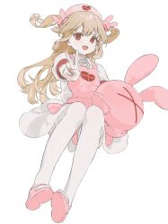 Rule 34 | 1girl, animal ears, apron, blonde hair, buttons, collared dress, dress, fake animal ears, fang, fingernails, hair between eyes, hair ornament, hand up, hat, heart, heart print, highres, holding, holding stuffed toy, long hair, looking at viewer, nail polish, natori sana, nurse cap, open mouth, pink apron, pink footwear, pink hat, pink nails, puffy short sleeves, puffy sleeves, rabbit ears, rabbit hair ornament, red eyes, sana channel, shoes, short sleeves, simple background, sitting, skin fang, smile, solo, stuffed animal, stuffed toy, thighhighs, tongue, two side up, v, v-shaped eyebrows, virtual youtuber, white background, white dress, white thighhighs
