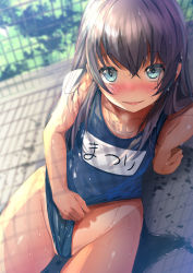 Rule 34 | 1girl, blue eyes, blue one-piece swimsuit, blurry, brown hair, clothes lift, collarbone, depth of field, fence, fumihiko (fu mihi ko), groin, hair between eyes, hair down, highres, hololive, long hair, looking at viewer, name tag, natsuiro matsuri, one-piece swimsuit, partially visible vulva, pussy, pussy peek, school swimsuit, sitting, solo, swimsuit, swimsuit lift, virtual youtuber, wet, wet hair