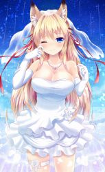Rule 34 | 1girl, ;), animal ears, bare shoulders, blonde hair, blue eyes, blush, breasts, bridal veil, cleavage, collarbone, cowboy shot, dress, elbow gloves, flower, fox ears, fox girl, gloves, hair ribbon, happy tears, heart, heart necklace, jewelry, kittona, large breasts, long hair, looking at viewer, necklace, one eye closed, original, petals, red ribbon, ribbon, ring, rose, sky, smile, solo, star (sky), starry sky, strapless, strapless dress, tears, thigh strap, tress ribbon, veil, very long hair, wedding band, wedding dress, wedding ring, white dress, white flower, white gloves, white rose, wiping tears
