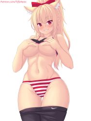 Rule 34 | 1girl, animal ear fluff, animal ears, blonde hair, blush, bow, breasts, cameltoe, cat ears, cat girl, commentary, cowboy shot, english commentary, hair bow, hair ornament, highres, large breasts, long hair, looking at viewer, navel, nottytiffy, original, panties, parted lips, patreon username, ponytail, red bow, red eyes, simple background, smile, striped clothes, striped panties, thighs, tiffy (nottytiffy), underwear, white background