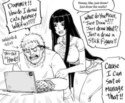 Rule 34 | 1boy, 1girl, absurdres, bb (baalbuddy), breast press, commentary, computer, denim, emphasis lines, english commentary, english text, facial hair, greyscale, highres, hime cut, jeans, laptop, leaning forward, long hair, monochrome, open mouth, original, pants, short hair, simple background, standing, stubble, white background, wide-eyed