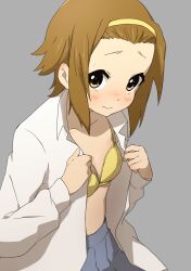 Rule 34 | 1girl, absurdres, blush, bra, breasts, brown eyes, brown hair, closed mouth, collarbone, collared shirt, cowboy shot, forehead, grey background, grey skirt, hairband, highres, k-on!, kicchi (tmgk), long sleeves, looking at viewer, open clothes, open shirt, pleated skirt, sakuragaoka high school uniform, school uniform, shirt, short hair, simple background, skirt, small breasts, solo, tainaka ritsu, underwear, undressing, white shirt, winter uniform, yellow bra, yellow hairband