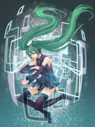 Rule 34 | 1girl, bad id, bad pixiv id, boots, detached sleeves, floating hair, green eyes, green hair, hatsune miku, highres, legs, long hair, matching hair/eyes, necktie, nupuru, open mouth, skirt, solo, thigh boots, thighhighs, twintails, very long hair, vocaloid