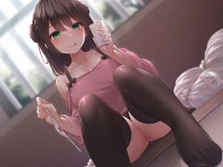 Rule 34 | 1girl, :q, black hair, black skirt, black thighhighs, blurry, blurry background, blush, bow, bow panties, breasts, cleavage, closed mouth, collarbone, commentary request, cup, depth of field, disposable cup, double bun, dutch angle, green eyes, hair between eyes, hair bun, highres, holding, holding clothes, holding cup, holding panties, holding underwear, knees up, long hair, long sleeves, looking at viewer, medium breasts, nail polish, no shoes, off-shoulder shirt, off shoulder, original, panties, unworn panties, pink nails, pink shirt, pleated skirt, shirt, sitting, skirt, smile, solo, thighhighs, tongue, tongue out, toyosaki shu, underwear, white panties