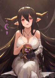 Rule 34 | 1girl, absurdres, antenna hair, bandages, bandaged arm, bandages, black gloves, black hair, blush, breasts, cleavage, danua, draph, dress, fingerless gloves, gloves, granblue fantasy, hair between eyes, hair ornament, highres, horns, jewelry, large breasts, crossed legs, long hair, looking at viewer, necklace, pointy ears, red eyes, sa (sam-ya), sitting, smile, solo, very long hair, white dress