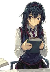 Rule 34 | 1girl, bad id, bad pixiv id, blue hair, book, braid, closed mouth, hair between eyes, highres, holding, holding book, long sleeves, looking at another, looking away, looking to the side, low twintails, natsu natsuna, necktie, open book, original, out of frame, pink eyes, pink necktie, shirt, simple background, smile, solo, table, twin braids, twintails, white background, white shirt
