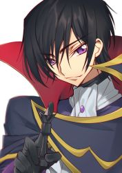 Rule 34 | 1boy, ascot, black gloves, black hair, cape, chess piece, closed mouth, code geass, creayus, eyes visible through hair, gem, gloves, hair between eyes, high collar, holding, king (chess), lelouch vi britannia, looking at viewer, male focus, purple eyes, simple background, smile, solo, upper body, white ascot, white background, zero (code geass)