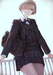 Rule 34 | 1girl, bag, blonde hair, commentary request, from above, from below, grey eyes, hair over one eye, head tilt, highres, jacket, kaoming, looking at viewer, looking down, miniskirt, original, outdoors, pleated skirt, school bag, school uniform, short hair, skirt, smile, solo