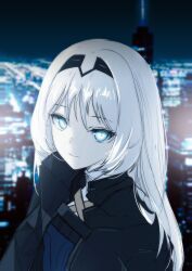 Rule 34 | 1girl, absurdres, an-94 (girls&#039; frontline), black hairband, black jacket, blue eyes, blue shirt, blurry, blurry background, cityscape, closed mouth, commentary, depth of field, girls&#039; frontline, hair between eyes, hairband, highres, jacket, long hair, looking at viewer, pale skin, shirt, solo, tfnfe sach, upper body, white hair