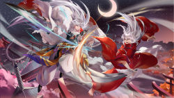 Rule 34 | 2boys, animal ears, brothers, crescent moon, detached sleeves, facial mark, fang, fighting, floating hair, fox ears, highres, holding, holding sword, holding weapon, inuyasha, inuyasha (character), japanese clothes, jiji (pixiv10646874), kimono, long hair, moon, multiple boys, open mouth, outdoors, pants, red kimono, sesshoumaru, siblings, silver hair, sky, star (sky), starry sky, sword, very long hair, weapon, white pants, yellow eyes