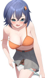 1girl absurdres aqua_eyes belle_(zenless_zone_zero) belt blue_hair blush bra breasts commentary_request grey_skirt hair_between_eyes hair_ornament highres kakashi_okashi letter_hair_ornament looking_at_viewer medium_breasts medium_hair navel open_mouth orange_belt orange_bra panties panty_pull short_hair skirt solo stomach underwear undressing white_background white_panties zenless_zone_zero