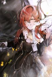 Rule 34 | 1boy, 1girl, absurdres, arknights, black dress, blush, breasts, cleavage, closed eyes, demon girl, demon horns, domma (arknights), dress, hand on another&#039;s shoulder, highres, horns, id card, long hair, long sleeves, mountain (arknights), parted lips, red hair, smile, waiomori