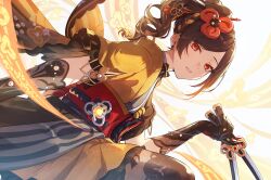 Rule 34 | 1girl, absurdres, aoiro oto, black gloves, brown hair, chiori (genshin impact), commentary, genshin impact, gloves, haori, highres, holding, holding sword, holding weapon, japanese clothes, looking at viewer, miniskirt, obi, orange eyes, pleated skirt, ponytail, red sash, sash, short sleeves, skirt, solo, sword, weapon, yellow skirt