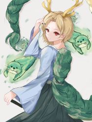 Rule 34 | 1girl, absurdres, black nails, blonde hair, blue shirt, closed mouth, dragon horns, dragon tail, green skirt, highres, horns, kicchou yachie, long sleeves, looking at viewer, nail polish, orchid (orukido), otter, otter spirit (touhou), red eyes, shirt, short hair, simple background, skirt, smile, solo, tail, touhou, turtle shell, white background, wide sleeves