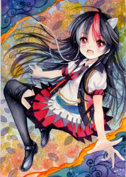 Rule 34 | 1girl, ahoge, alternate hair length, alternate hairstyle, chain, chrysanthemum, dress, fang, floral background, flower, grey horns, highres, horns, kijin seija, long hair, looking at viewer, mary janes, mosho, multicolored background, multicolored clothes, multicolored dress, multicolored hair, open hands, open mouth, painting (medium), red eyes, shoes, short sleeves, solo, sparkle, thighhighs, touhou, traditional media, watercolor (medium)