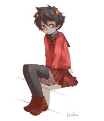 Rule 34 | 1boy, angry, artist name, black hair, blush, colored sclera, colored skin, crossdressing, embarrassed, full body, grey skin, grey thighhighs, homestuck, horns, karkat vantas, lisola, looking to the side, nose, pointy ears, red footwear, red school uniform, red shirt, red skirt, school uniform, shadow, shirt, shoes, signature, simple background, skirt, solo, tagme, thighhighs, trap, white background, yellow sclera