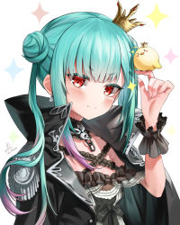 Rule 34 | 1girl, bird, bird on hand, black choker, black cloak, black dress, blush, chick, choker, cloak, closed mouth, commentary request, crown, double bun, dress, earrings, epaulettes, frills, green hair, hair bun, hand up, highres, hololive, jewelry, kito koruta, long hair, looking at viewer, mini crown, multicolored hair, pink hair, piyoko (uruha rushia), red eyes, short eyebrows, sidelocks, signature, simple background, smile, solo, sparkle, streaked hair, twintails, upper body, uruha rushia, uruha rushia (3rd costume), v-shaped eyebrows, virtual youtuber, white background, wrist cuffs