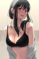Rule 34 | 1girl, :o, absurdres, black bra, blush, bra, breasts, cleavage, full-face blush, green hair, highres, ikutomipizza, lace, lace-trimmed bra, lace trim, looking at viewer, medium breasts, navel, open clothes, open shirt, red eyes, shirt, sidelocks, solo, spy x family, sweatdrop, underwear, upper body, white shirt, yor briar