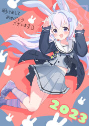 Rule 34 | 1girl, 2023, :d, ahoge, animal ears, badge, black jacket, black neckerchief, blue archive, blue background, blue hair, blush, bow, buttons, chinese zodiac, commentary request, double-breasted, floating hair, grey serafuku, grey shirt, grey skirt, hair between eyes, hair ornament, hands up, highres, jacket, long hair, long sleeves, looking at viewer, low twintails, midriff, midriff peek, neckerchief, new year, open clothes, open jacket, open mouth, pink hair, pleated skirt, purple eyes, purple footwear, purple socks, rabbit ears, rabbit girl, rabbit pose, rabbit symbol, rabbit tail, red background, reisa (blue archive), sailor collar, school uniform, serafuku, shadow, shirt, shoes, sidelocks, simple background, skirt, smile, socks, solo, star (symbol), star hair ornament, sticker, tail, tareme, translation request, twintails, two-tone background, v-shaped eyebrows, white sailor collar, year of the rabbit, yunosuke kon