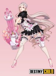 Rule 34 | 1girl, bad anatomy, breasts, brown hair, candy, chewing gum, cleavage, cyborg, destiny child, food, full body, garter straps, gatling gun, gumball, gun, heart, high heels, holding, holding gun, holding weapon, holstered, large breasts, light brown hair, long hair, maid, minigun, pink background, pink eyes, pink footwear, pink lips, solo, standing, thigh strap, unconventional maid, very long hair, weapon, wei (kaminari0411)