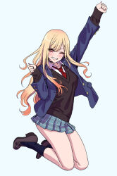 Rule 34 | 1girl, absurdres, alternate costume, black socks, black sweater, blazer, blonde hair, blue jacket, blue skirt, brown footwear, commentary request, gradient hair, highres, jacket, jumping, kitagawa marin, loafers, long hair, looking at viewer, multicolored hair, one eye closed, plaid, plaid skirt, red eyes, school uniform, shoes, simple background, skirt, socks, solo, sono bisque doll wa koi wo suru, sweater, swept bangs, white background, yamashita shun&#039;ya