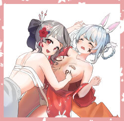 Rule 34 | 2girls, animal ears, areola slip, bandage on chest, black hair, blush, body writing, border, breasts, brooch, closed eyes, collarbone, commentary, flower, from behind, gluteal fold, grey hair, hair flower, hair ornament, highres, hololive, japanese clothes, jewelry, kimono, large breasts, looking at viewer, lovelyme, lying, medium breasts, multicolored hair, multiple girls, no bra, on back, open clothes, open kimono, open mouth, panties, pink border, rabbit ears, red eyes, red flower, red kimono, sakamata chloe, sakamata chloe (new year), short eyebrows, short hair, smile, streaked hair, thick eyebrows, underwear, usada pekora, usada pekora (new year), virtual youtuber, white background, white panties