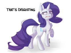 Rule 34 | commentary, disgust, english commentary, english text, highres, horns, long hair, looking at viewer, my little pony, my little pony: friendship is magic, no humans, open mouth, purple hair, rarity (my little pony), simple background, single horn, teranen, unicorn, white background, white fur