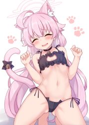 Rule 34 | 1girl, ahoge, animal ears, bare shoulders, black panties, blue archive, blush, cat ears, cat lingerie, cat tail, fang, halo, highres, hoshino (blue archive), kneeling, long hair, meme attire, navel, open mouth, panties, pink hair, shinopoko, solo, tail, underwear, underwear only