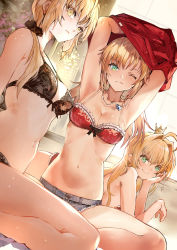 Rule 34 | 3girls, absurdres, armpits, artoria pendragon (all), artoria pendragon (fate), bare shoulders, black bra, blonde hair, bra, breasts, character request, cleavage, closed mouth, collarbone, crown, cutoffs, denim, denim shorts, dutch angle, fate/grand order, fate (series), green eyes, hair over shoulder, hand on own cheek, hand on own face, highres, jewelry, looking at viewer, low tied hair, lying, medium breasts, mini crown, mordred (fate), mordred (fate/apocrypha), multiple girls, navel, necklace, nero claudius (fate), nero claudius (fate) (all), nero claudius (fate/extra), on stomach, one eye closed, red bra, red shirt, saber alter, shirt, shorts, sitting, smile, sweat, tokopi, underwear, yellow eyes
