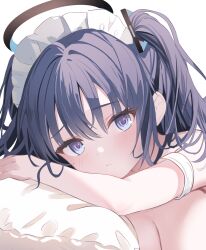 Rule 34 | 1girl, alternate costume, blue archive, blue eyes, breasts, enmaided, hair between eyes, halo, highres, long hair, maid, maid headdress, medium breasts, pillow, purple hair, simple background, solo, touyou (39kir), two side up, upper body, white background, yuuka (blue archive)