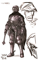 Rule 34 | 1boy, armor, breastplate, cape, dated, faulds, full armor, gauntlets, greaves, helmet, holding, holding weapon, kotoba noriaki, mace, male focus, original, plate armor, scabbard, sheath, sheathed, signature, solo, spurs, standing, sword, weapon