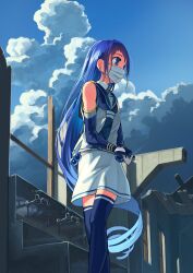 Rule 34 | 1girl, absurdres, blue eyes, blue hair, blue neckerchief, blue sailor collar, blue thighhighs, cloud, cloudy sky, commission, day, elbow gloves, faucet, feet out of frame, gloves, highres, kantai collection, laminar flow, long hair, mask, mouth mask, neckerchief, outdoors, pixiv commission, sailor collar, samidare (kancolle), school uniform, serafuku, skirt, sky, sleeveless, solo, surgical mask, thighhighs, very long hair, white gloves, white skirt
