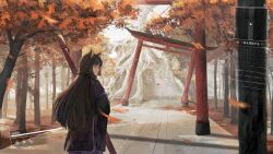 Rule 34 | 1girl, absurdres, animal ears, arknights, autumn leaves, black hair, brown eyes, building, closed mouth, commentary request, day, dog ears, falling leaves, from behind, gameplay mechanics, health bar, highres, japanese clothes, kimono, leaf, long hair, looking away, looking to the side, minimap, nueegochi, outdoors, purple kimono, saga (arknights), solo, torii, tree, very long hair, weapon bag