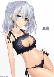 Rule 34 | 10s, 1girl, bad id, black bra, black panties, blue eyes, blush, bra, breasts, cat cutout, cat ear panties, cat lingerie, cleavage, cleavage cutout, clothing cutout, highres, kantai collection, kashima (kancolle), large breasts, looking at viewer, meme attire, navel, panties, side-tie panties, silver hair, simple background, smile, solo, underwear, underwear only, wavy hair, white background, yukihama