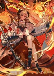Rule 34 | 1girl, arknights, artistic error, black choker, black dress, black footwear, blonde hair, breasts, canister, chinese clothes, choker, cloak, crossed legs, demon horns, dress, eyelashes, fang, feather choker, feathers, fire, flamethrower, floating, full body, hair between eyes, highres, horns, ifrit (arknights), infection monitor (arknights), looking to the side, material growth, medium hair, nail polish, off-shoulder dress, off shoulder, oripathy lesion (arknights), parted lips, red eyes, sandals, short dress, slit pupils, small breasts, solo, strap, toenail polish, toenails, twintails, weapon, white cloak, wrong foot, yan ge