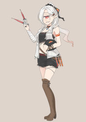 Rule 34 | + +, 1girl, bandages, bandaged arm, bandages, black shorts, boots, bright pupils, brown footwear, cyclops, earrings, full body, gradient hair, grey background, grey hair, highres, holding, holding syringe, jewelry, knee boots, looking at viewer, mao lian (nekokao), mole, mole under mouth, multicolored hair, one-eyed, original, pink hair, pointy ears, ponytail, red eyes, sharp teeth, short shorts, shorts, simple background, smile, solo, standing, syringe, teeth, white pupils, wristband