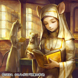 Rule 34 | 3girls, animal ears, book, brown hair, chrono regalia, facing another, habit, holding, holding book, indoors, jewelry, kageco, long hair, mouse ears, mouse tail, multiple girls, necklace, nun, official art, open book, painting (object), reading, sidelocks, sitting, standing, sunlight, tail, wide sleeves, window