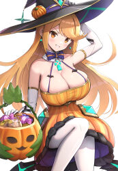 Rule 34 | 1girl, absurdres, alternate costume, bare shoulders, blonde hair, blush, breasts, cleavage, commentary request, earrings, gloves, gonzarez, halloween, halloween costume, hat, highres, jewelry, large breasts, long hair, looking at viewer, mythra (xenoblade), solo, swept bangs, very long hair, witch, witch hat, xenoblade chronicles (series), xenoblade chronicles 2, yellow eyes
