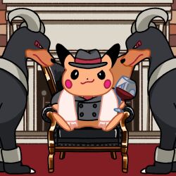Rule 34 | alcohol, black eyes, chair, claws, closed mouth, creatures (company), cup, curled horns, dog, drinking glass, frown, game freak, gen 1 pokemon, gen 2 pokemon, hat, horns, houndoom, nintendo, nose poke000, pikachu, pokemon, pokemon (creature), red eyes, sitting, smile, wine, wine glass