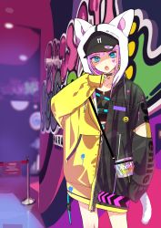 Rule 34 | 1girl, bag, blue eyes, choker, earrings, facial mark, fang, hat, highres, hood, hooded jacket, jacket, jewelry, looking at viewer, open mouth, original, pink hair, sleeves past wrists, solo, tail, tsukigami runa
