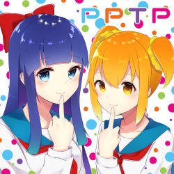 Rule 34 | 10s, 2girls, blue eyes, blue hair, bow, brown eyes, closed mouth, collarbone, commentary request, finger to mouth, fingernails, hair between eyes, hair bow, hair ornament, hair scrunchie, long hair, long sleeves, looking at viewer, middle finger, multicolored polka dots, multiple girls, neckerchief, orange hair, pipimi, polka dot, polka dot background, poptepipic, popuko, red bow, red neckerchief, school uniform, scrunchie, serafuku, shiarisu, shirt, short twintails, sidelocks, smile, twintails, very long hair, white background, white shirt, yellow scrunchie