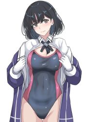 Rule 34 | 1girl, black hair, black one-piece swimsuit, blush, breasts, brown eyes, cleavage, collarbone, competition swimsuit, covered navel, cowboy shot, gloves, haguro (kancolle), haguro kai ni (kancolle), jacket, kantai collection, ken (shutenndouji1), long sleeves, looking at viewer, medium breasts, military uniform, one-piece swimsuit, open clothes, open jacket, open shirt, pink one-piece swimsuit, purple jacket, short hair, simple background, smile, solo, standing, swimsuit, two-tone swimsuit, uniform, white gloves